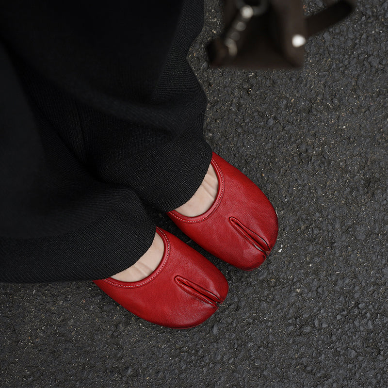 Tabi Split Toe Handmade Washed Horse Leather Mary Jane Ballet Flats in Black/Red/Brown/Apricot