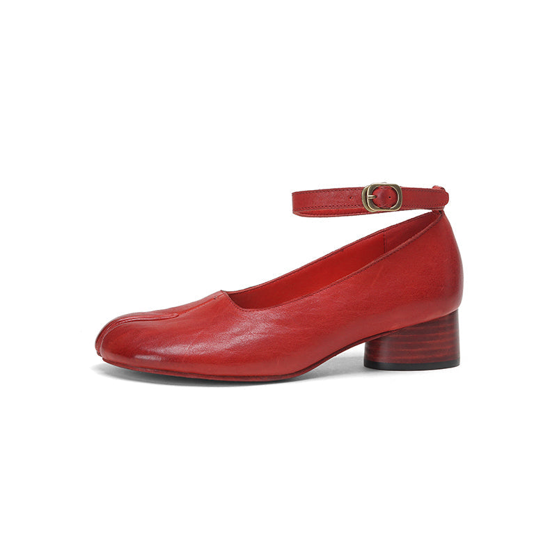 Tabi Split Toe Handmade Washed Horse Leather Mary Jane Shoes for Women in Black/Red/Brown/Apricot