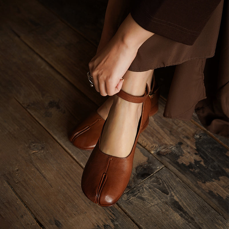 Tabi Split Toe Handmade Washed Horse Leather Mary Jane Shoes for Women in Black/Red/Brown/Apricot