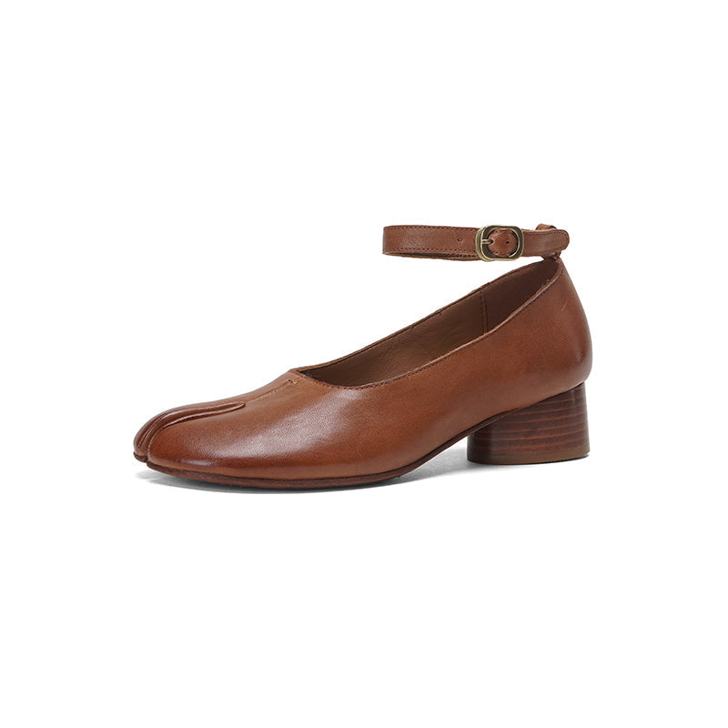 Tabi Split Toe Handmade Washed Horse Leather Mary Jane Shoes for Women in Black/Red/Brown/Apricot