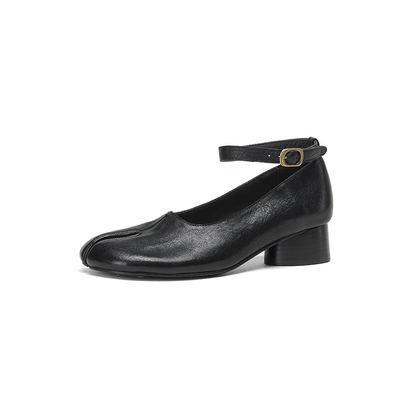 Tabi Split Toe Handmade Washed Horse Leather Mary Jane Shoes for Women in Black/Red/Brown/Apricot