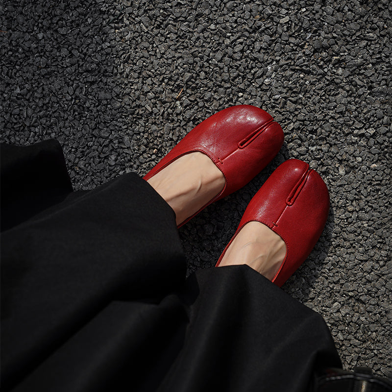 Tabi Split Toe Handmade Washed Horse Leather Mary Jane Shoes for Women in Black/Red/Brown/Apricot
