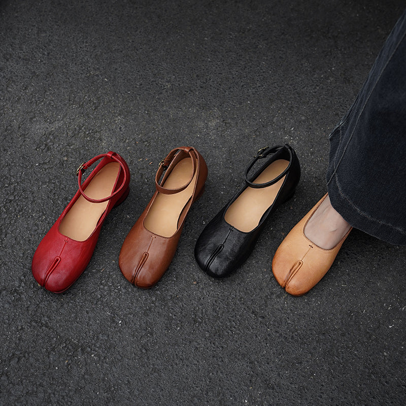 Tabi Split Toe Handmade Washed Horse Leather Mary Jane Shoes for Women in Black/Red/Brown/Apricot