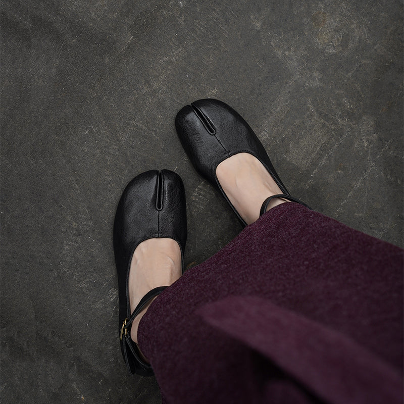 Tabi Split Toe Handmade Washed Horse Leather Mary Jane Shoes for Women in Black/Red/Brown/Apricot