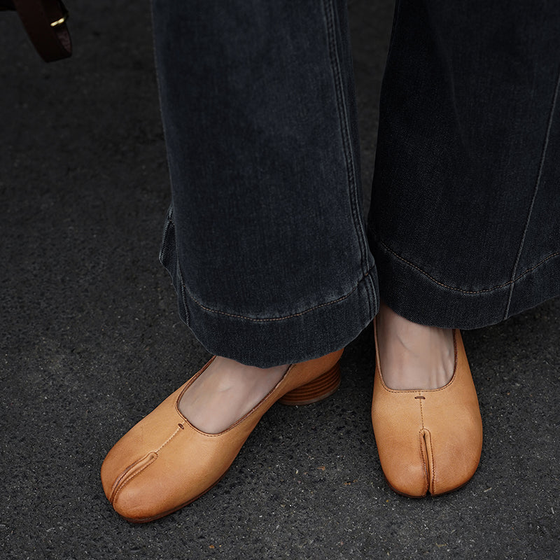 Tabi Split Toe Handmade Washed Horse Leather Mary Jane Shoes for Women in Black/Red/Brown/Apricot