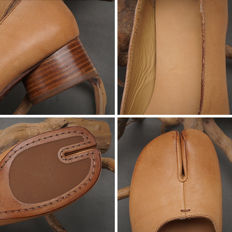 Tabi Split Toe Handmade Washed Horse Leather Mary Jane Shoes for Women in Black/Red/Brown/Apricot