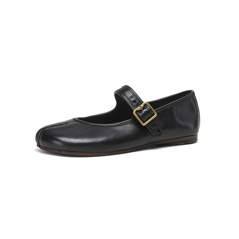 Tabi Split Toe Handmade Washed Leather Mary Jane Ballet Flats in Black/Red