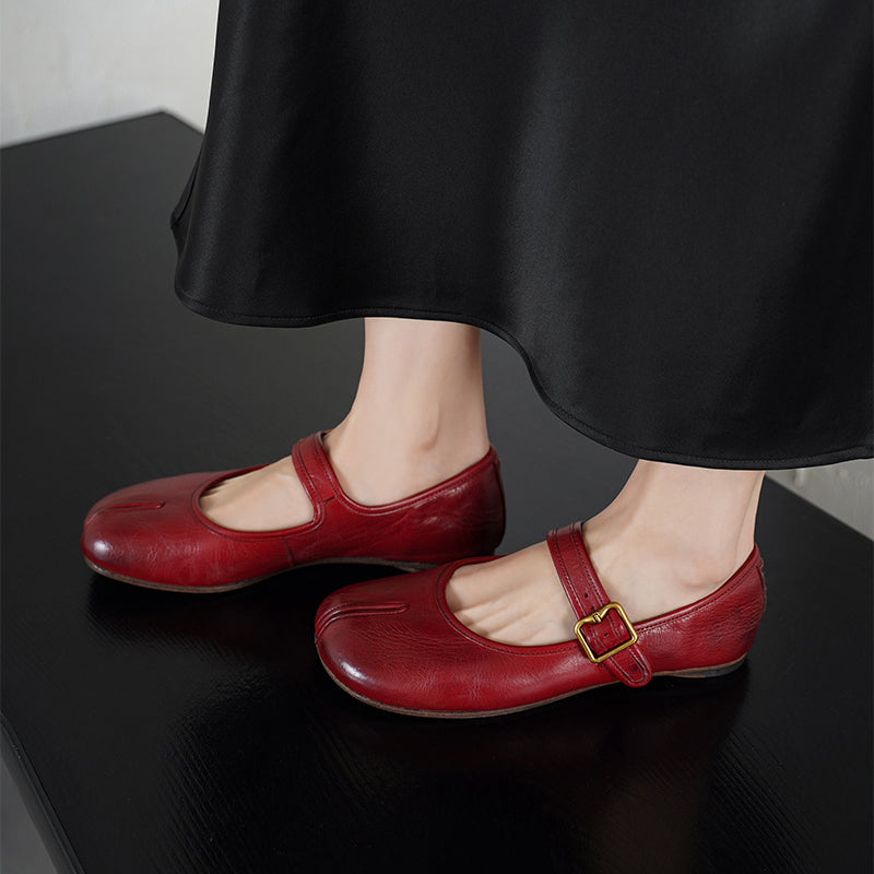 Tabi Split Toe Handmade Washed Leather Mary Jane Ballet Flats in Black/Red