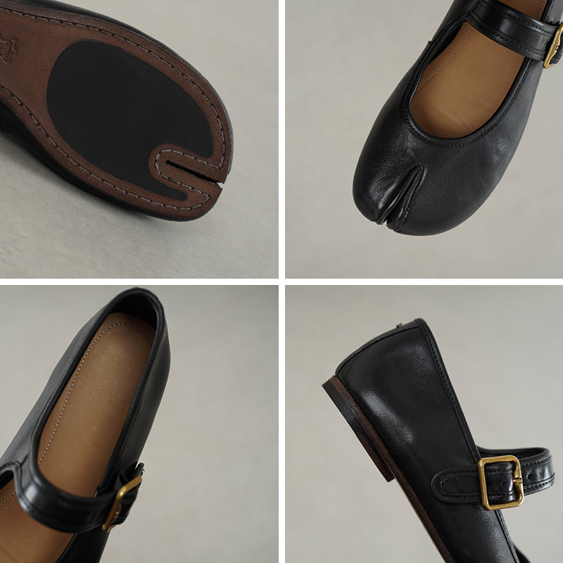 Tabi Split Toe Handmade Washed Leather Mary Jane Ballet Flats in Black/Red