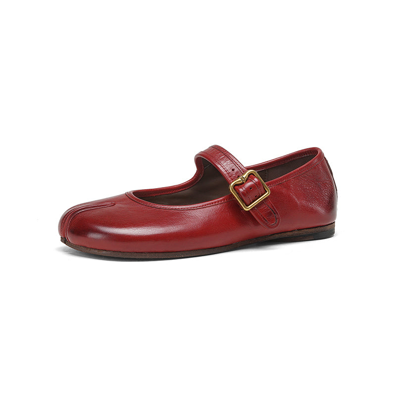 Tabi Split Toe Handmade Washed Leather Mary Jane Ballet Flats in Black/Red