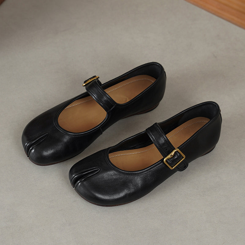 Tabi Split Toe Handmade Washed Leather Mary Jane Ballet Flats in Black/Red