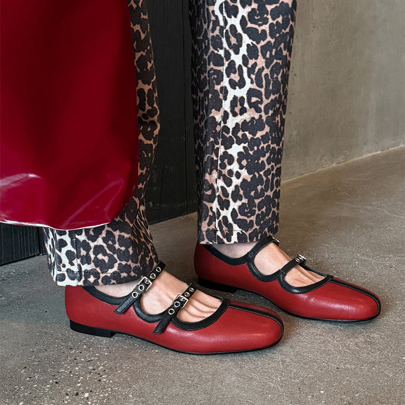 Two-Tone Double Strap Mary Jane Flats Handmade Cow Leather Soft Shoes in Red/Yellow