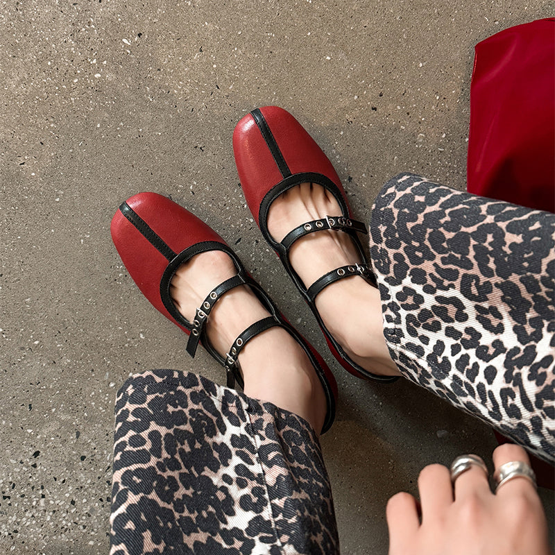 Two-Tone Double Strap Mary Jane Flats Handmade Cow Leather Soft Shoes in Red/Yellow