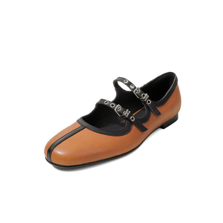 Two-Tone Double Strap Mary Jane Flats Handmade Cow Leather Soft Shoes in Red/Yellow