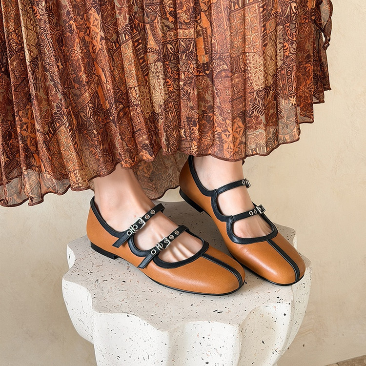 Two-Tone Double Strap Mary Jane Flats Handmade Cow Leather Soft Shoes in Red/Yellow