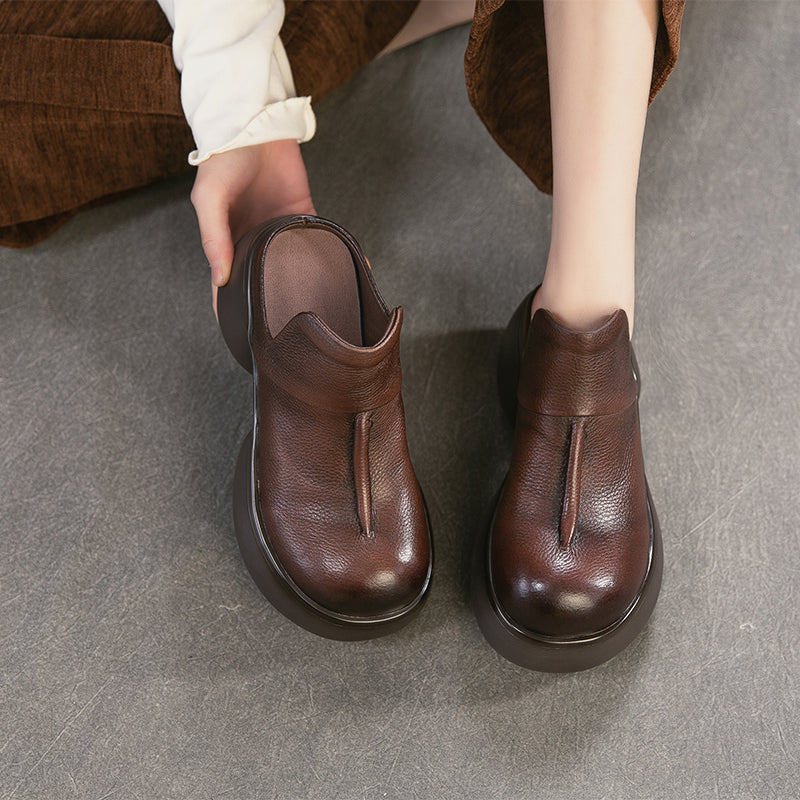 Vintage 65mm Chunky Platform Leather Mules Casual Slip-On Shoes in Black/Coffee