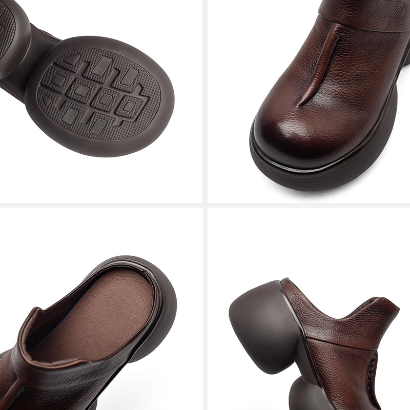 Vintage 65mm Chunky Platform Leather Mules Casual Slip-On Shoes in Black/Coffee