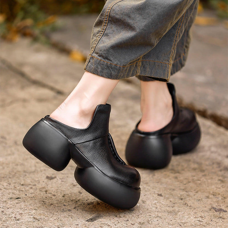 Vintage 65mm Chunky Platform Leather Mules Casual Slip-On Shoes in Black/Coffee