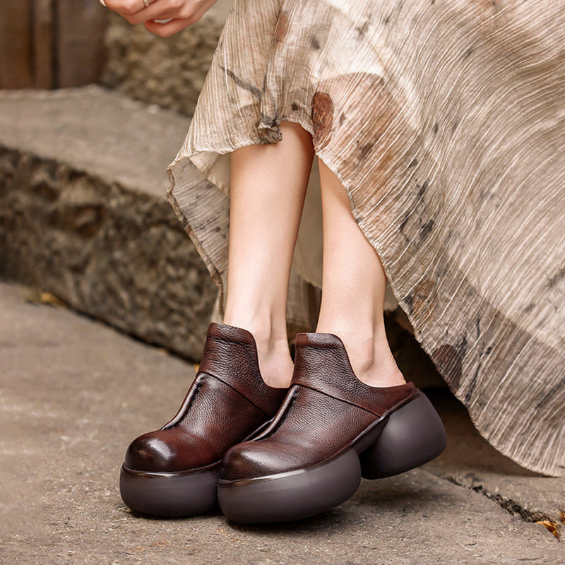 Vintage 65mm Chunky Platform Leather Mules Casual Slip-On Shoes in Black/Coffee