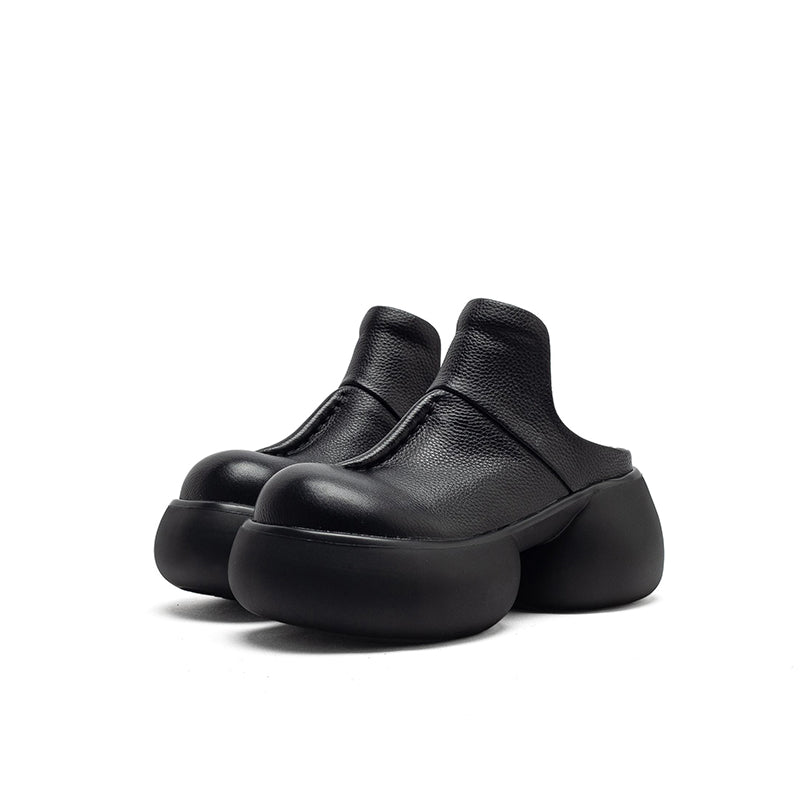 Vintage 65mm Chunky Platform Leather Mules Casual Slip-On Shoes in Black/Coffee