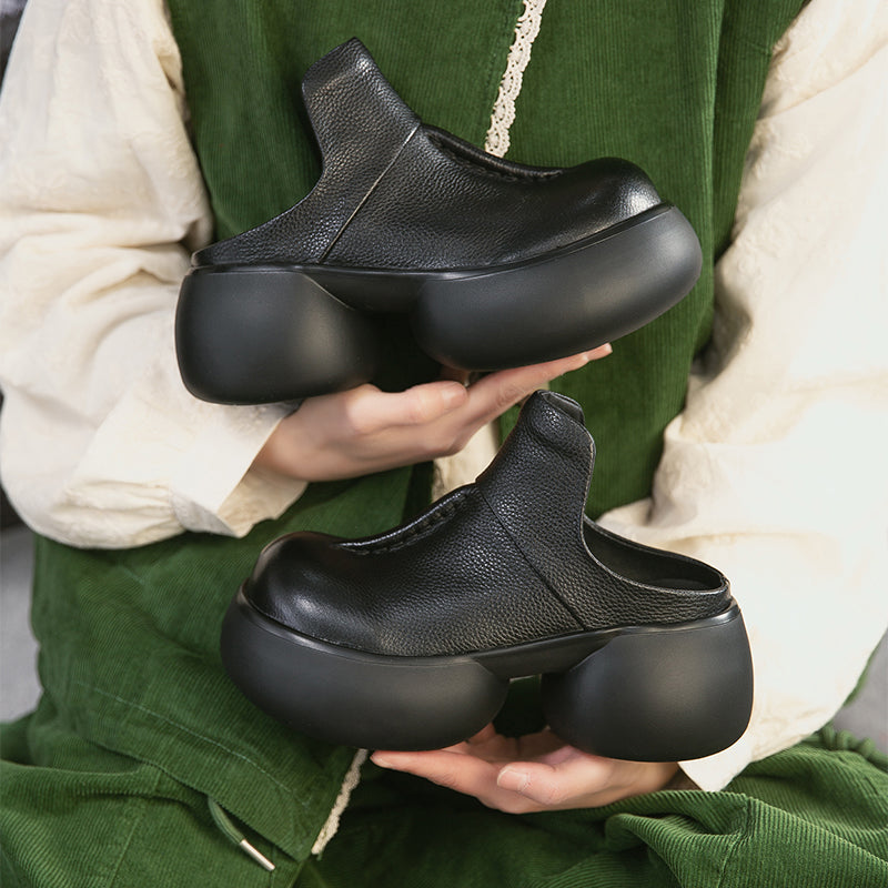 Vintage 65mm Chunky Platform Leather Mules Casual Slip-On Shoes in Black/Coffee