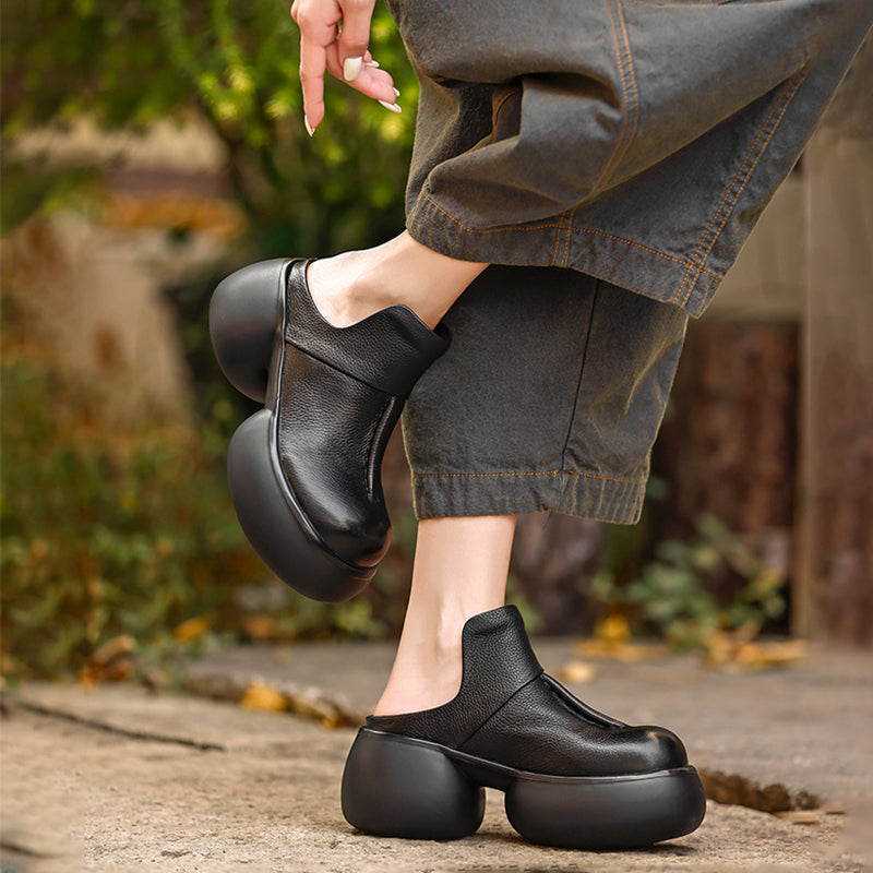 Vintage 65mm Chunky Platform Leather Mules Casual Slip-On Shoes in Black/Coffee