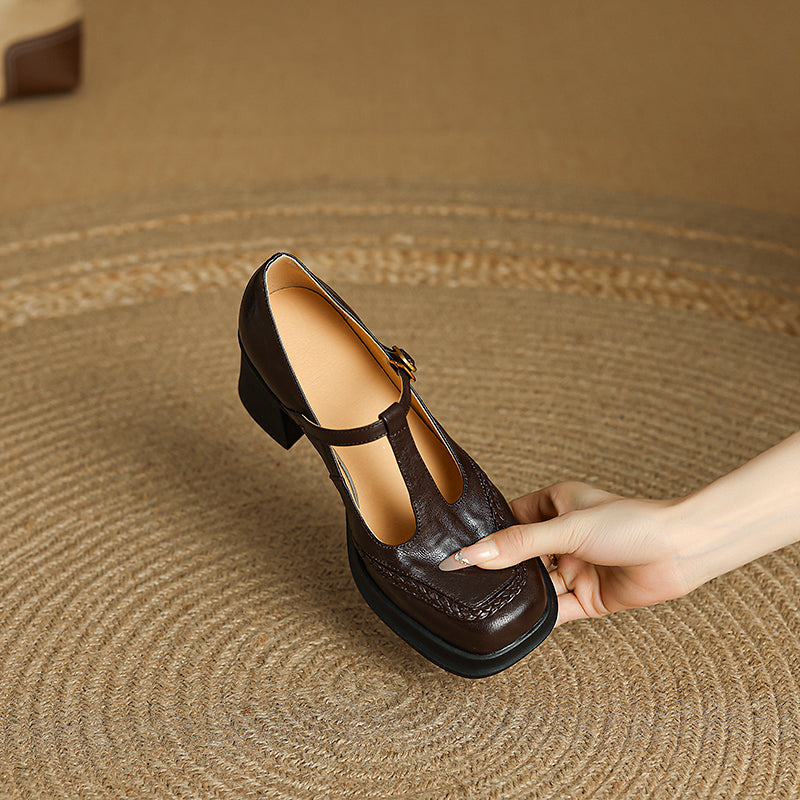 Vintage 75mm Square Toe T-Strap Sheepskin Leather Mary Jane Heels in Black/Brown