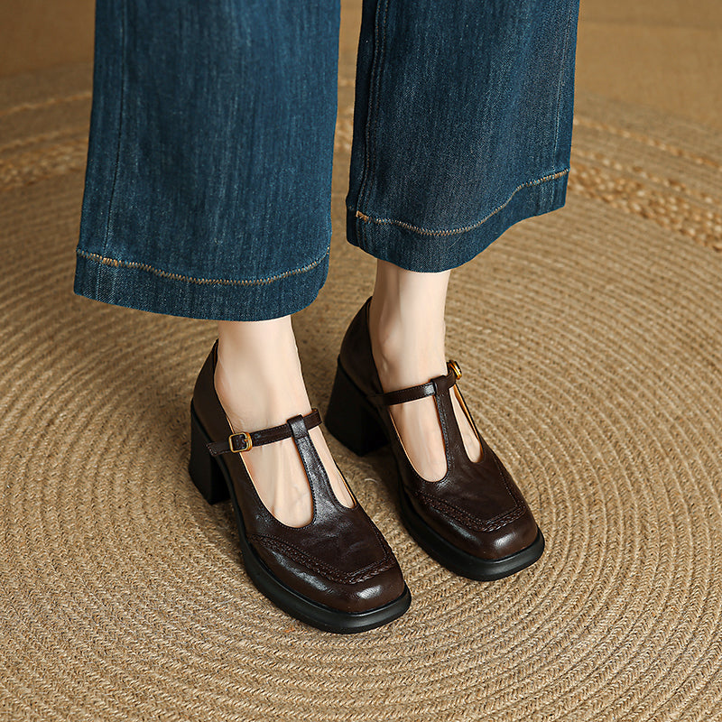 Vintage 75mm Square Toe T-Strap Sheepskin Leather Mary Jane Heels in Black/Brown
