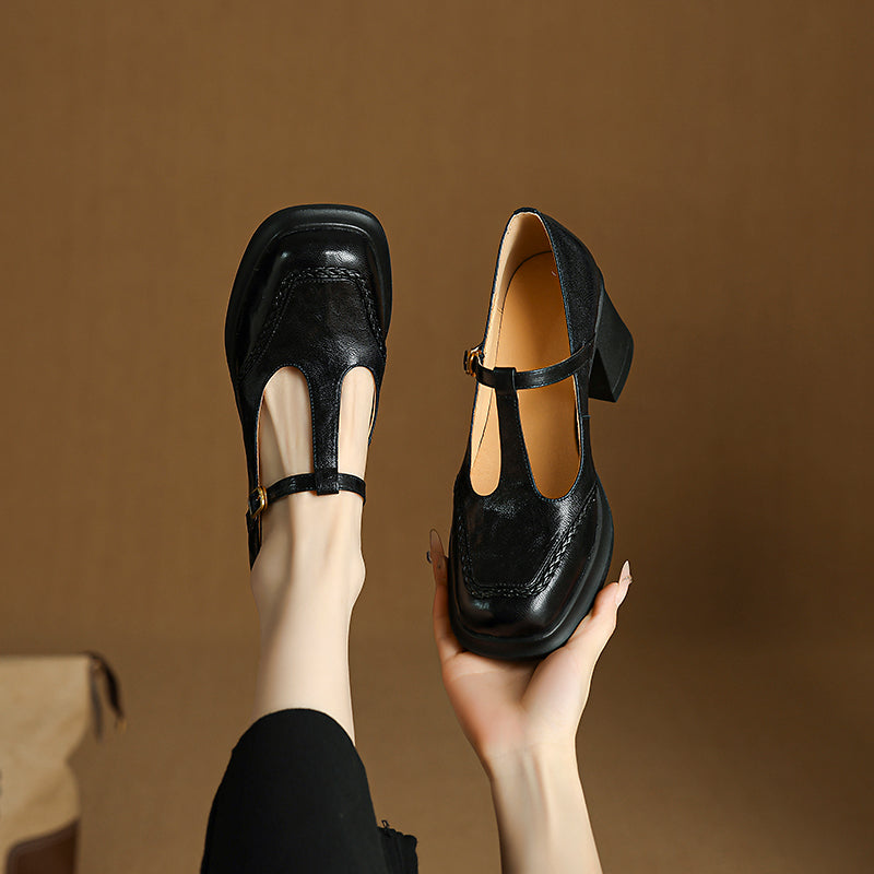 Vintage 75mm Square Toe T-Strap Sheepskin Leather Mary Jane Heels in Black/Brown