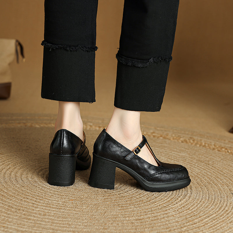 Vintage 75mm Square Toe T-Strap Sheepskin Leather Mary Jane Heels in Black/Brown