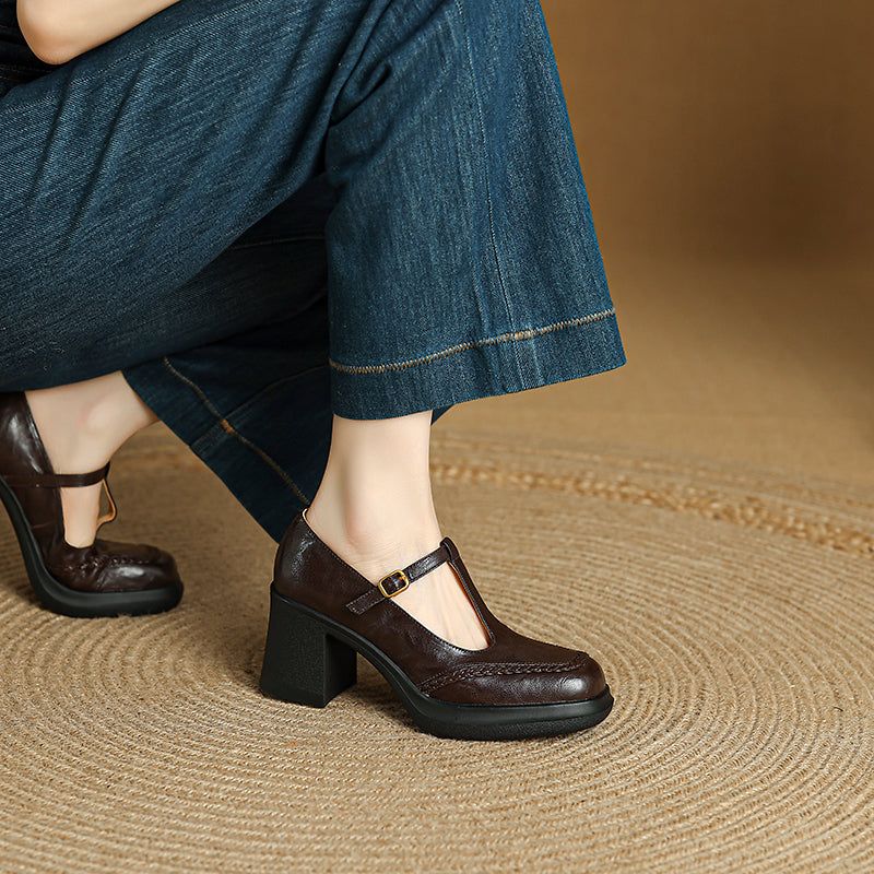 Vintage 75mm Square Toe T-Strap Sheepskin Leather Mary Jane Heels in Black/Brown