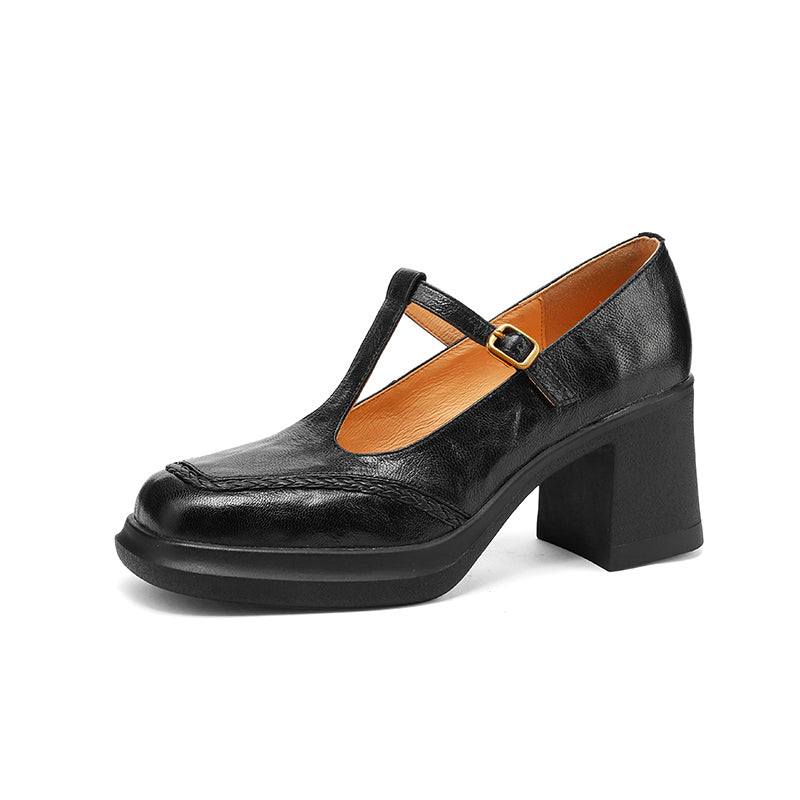Vintage 75mm Square Toe T-Strap Sheepskin Leather Mary Jane Heels in Black/Brown