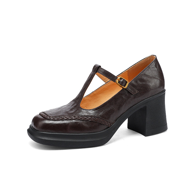 Vintage 75mm Square Toe T-Strap Sheepskin Leather Mary Jane Heels in Black/Brown