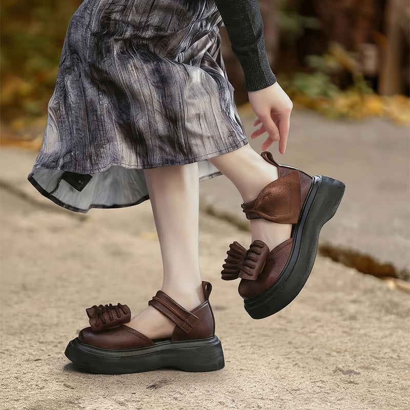 Vintage Bow Mary Jane Platform Sandals Velcro Cow Leather 55mm Chunky Shoes in Black/Brown/Green
