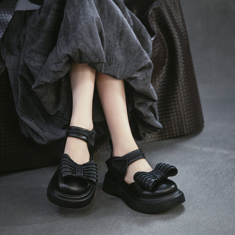 Vintage Bow Mary Jane Platform Sandals Velcro Cow Leather 55mm Chunky Shoes in Black/Brown/Green