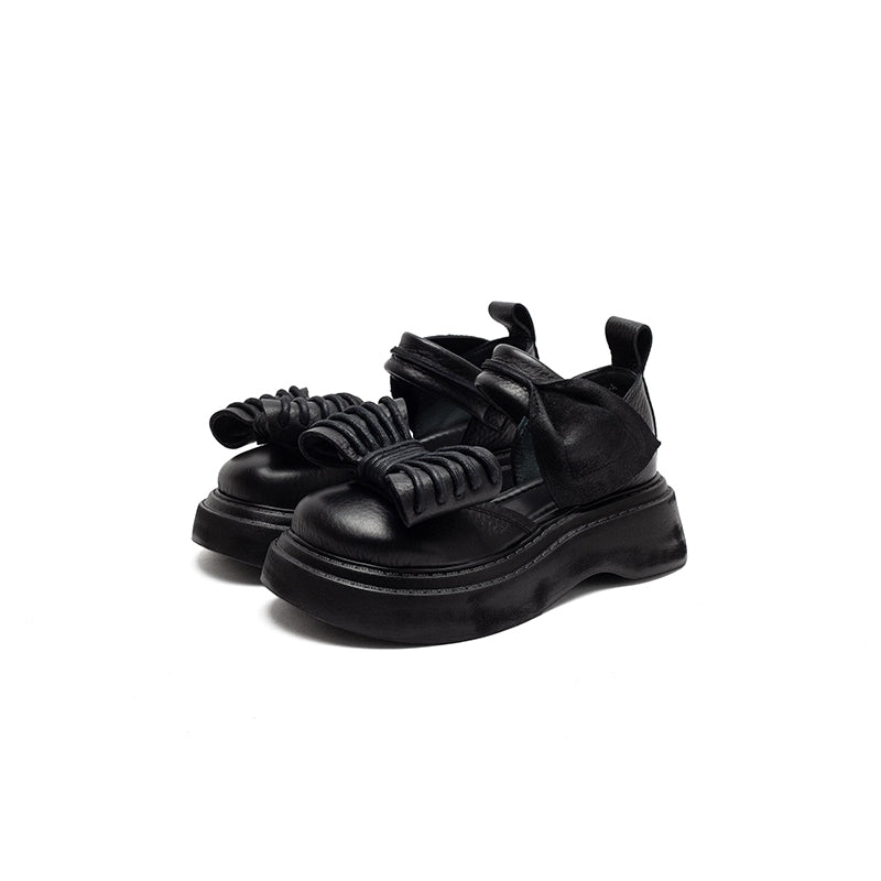 Vintage Bow Mary Jane Platform Sandals Velcro Cow Leather 55mm Chunky Shoes in Black/Brown/Green
