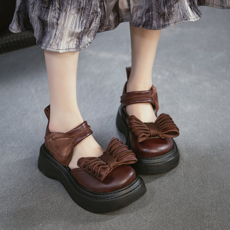 Vintage Bow Mary Jane Platform Sandals Velcro Cow Leather 55mm Chunky Shoes in Black/Brown/Green