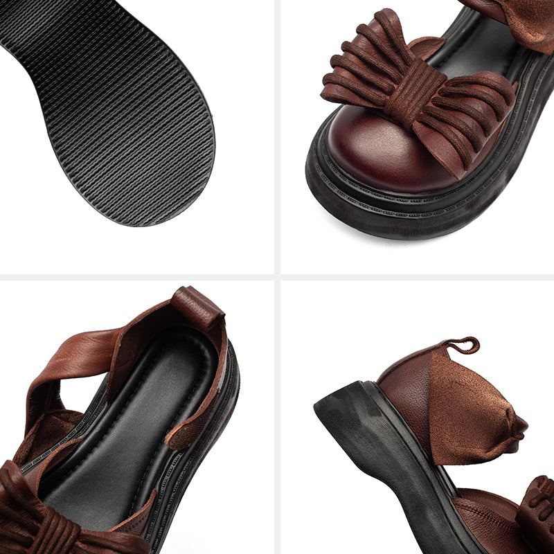 Vintage Bow Mary Jane Platform Sandals Velcro Cow Leather 55mm Chunky Shoes in Black/Brown/Green
