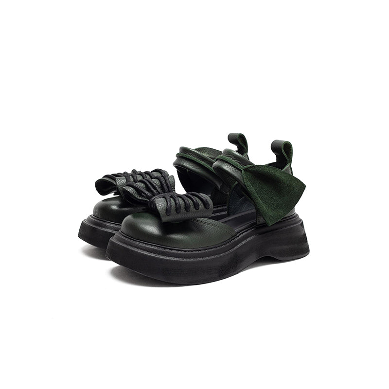 Vintage Bow Mary Jane Platform Sandals Velcro Cow Leather 55mm Chunky Shoes in Black/Brown/Green