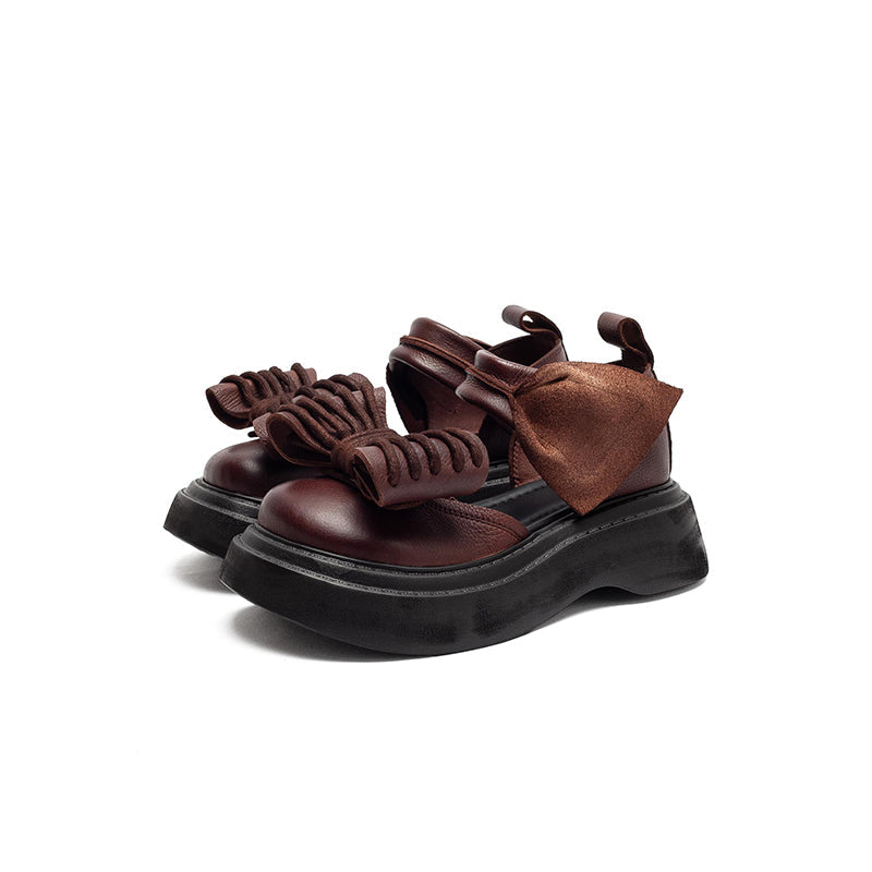 Vintage Bow Mary Jane Platform Sandals Velcro Cow Leather 55mm Chunky Shoes in Black/Brown/Green