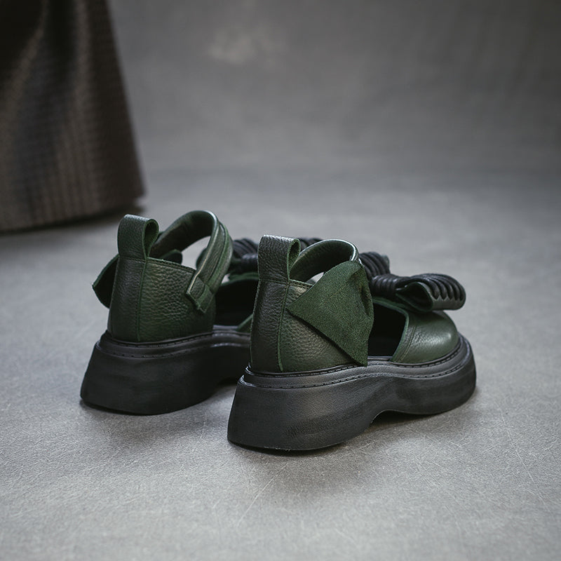 Vintage Bow Mary Jane Platform Sandals Velcro Cow Leather 55mm Chunky Shoes in Black/Brown/Green