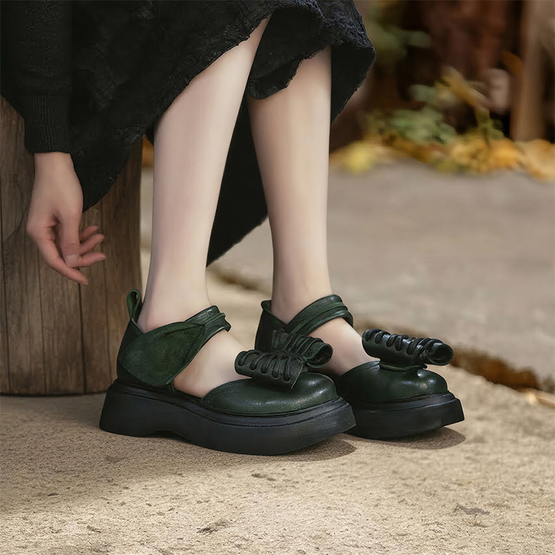 Vintage Bow Mary Jane Platform Sandals Velcro Cow Leather 55mm Chunky Shoes in Black/Brown/Green