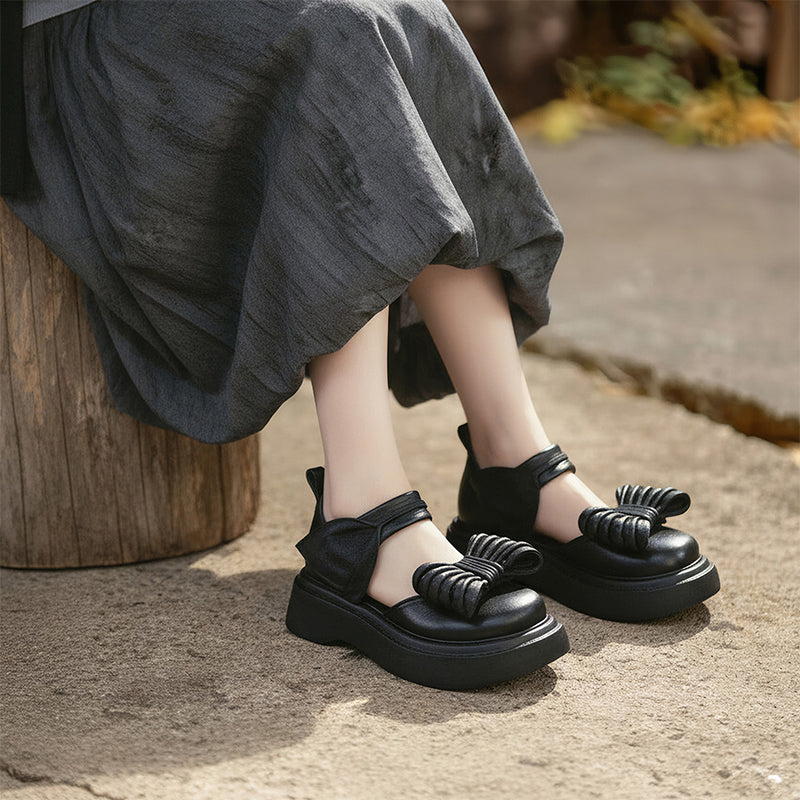 Vintage Bow Mary Jane Platform Sandals Velcro Cow Leather 55mm Chunky Shoes in Black/Brown/Green