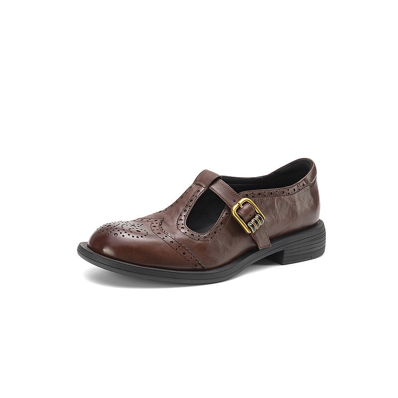 Vintage Brogue Calf Leather T-Strap Mary Jane Shoes in Brown/Black