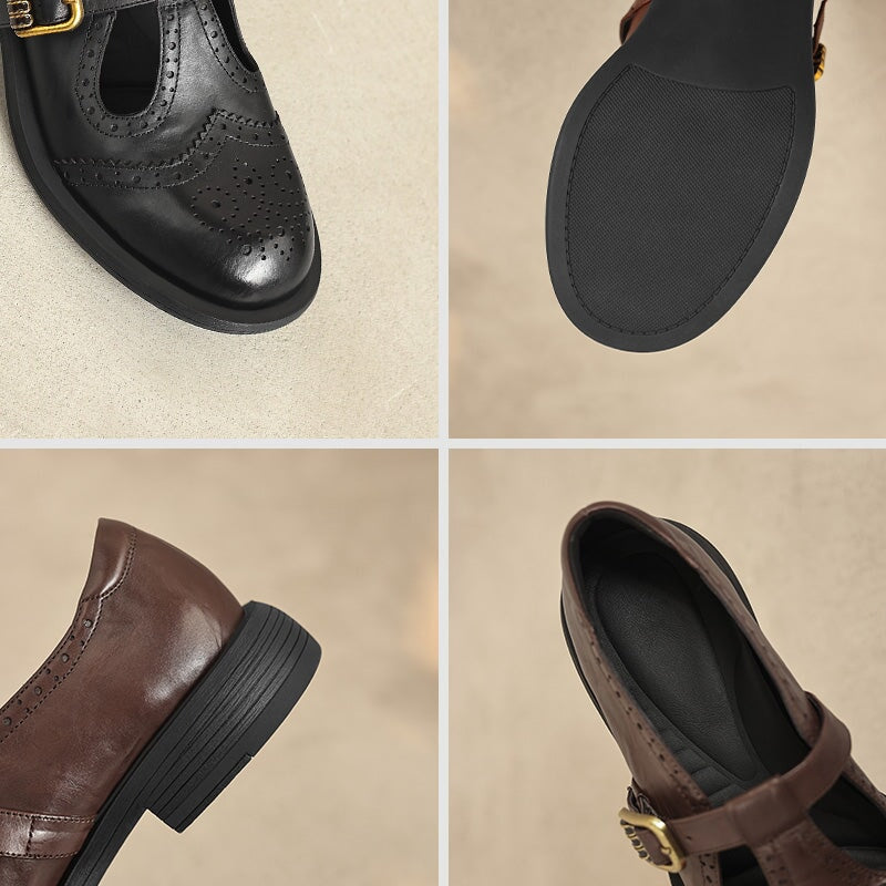 Vintage Brogue Calf Leather T-Strap Mary Jane Shoes in Brown/Black