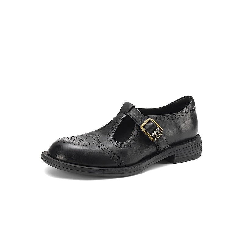 Vintage Brogue Calf Leather T-Strap Mary Jane Shoes in Brown/Black