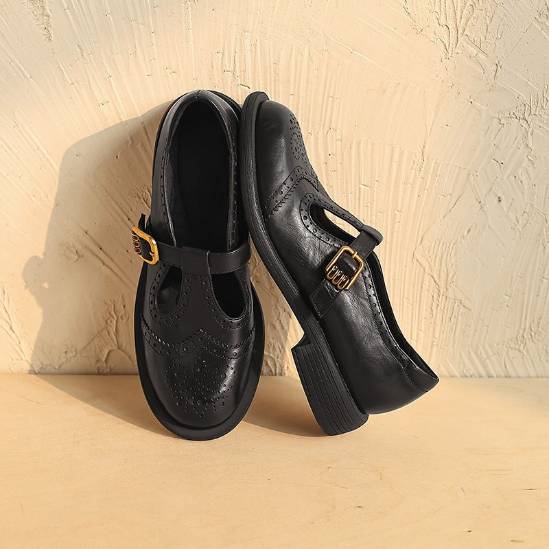 Vintage Brogue Calf Leather T-Strap Mary Jane Shoes in Brown/Black