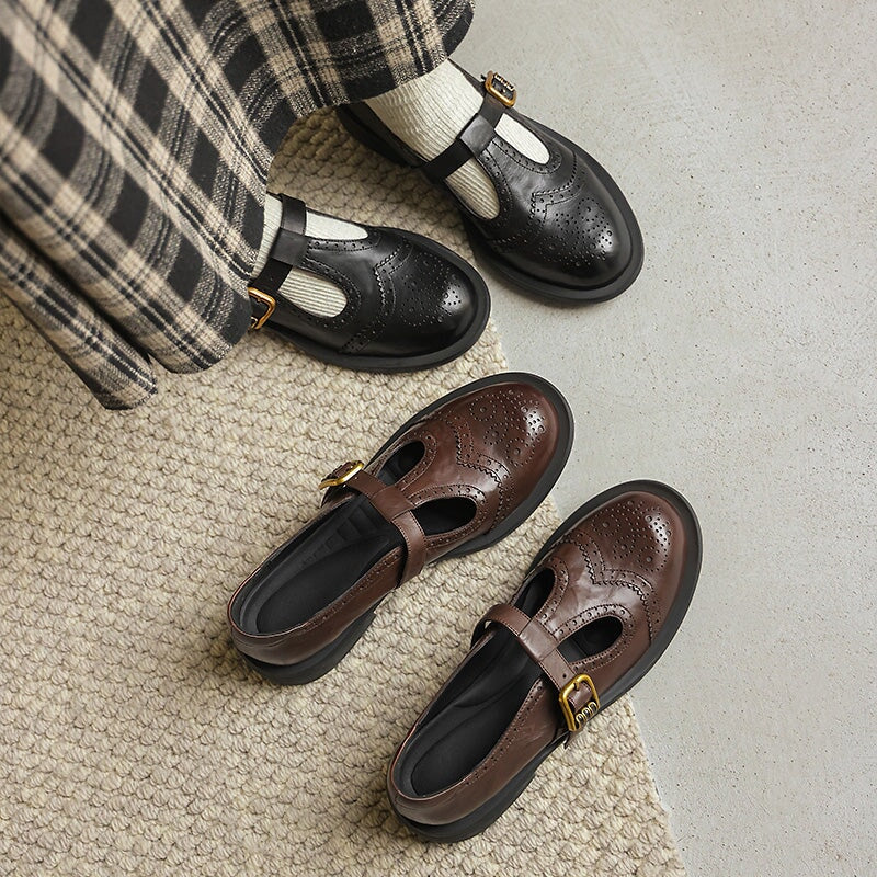 Vintage Brogue Calf Leather T-Strap Mary Jane Shoes in Brown/Black