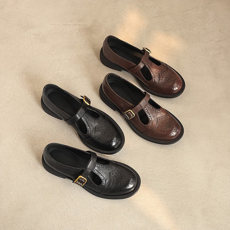 Vintage Brogue Calf Leather T-Strap Mary Jane Shoes in Brown/Black