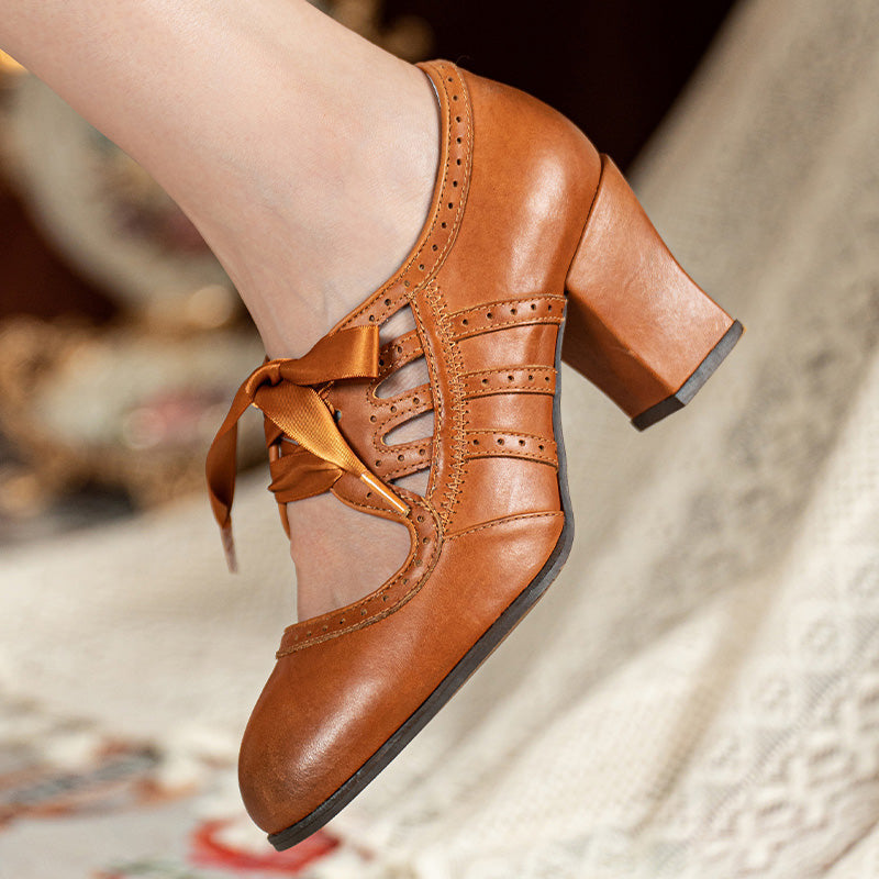 Vintage Brogue Ribbon Tie Mary Jane Heels Handmade Leather Cutout Pumps in Light Brown
